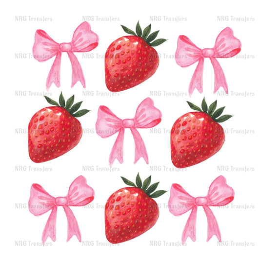 a pattern of pink bows and red strawberries arranged in a grid-like layout.