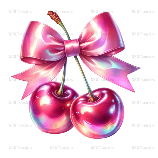 A pair of shiny, pink cherries with a large, decorative pink bow tied around them.