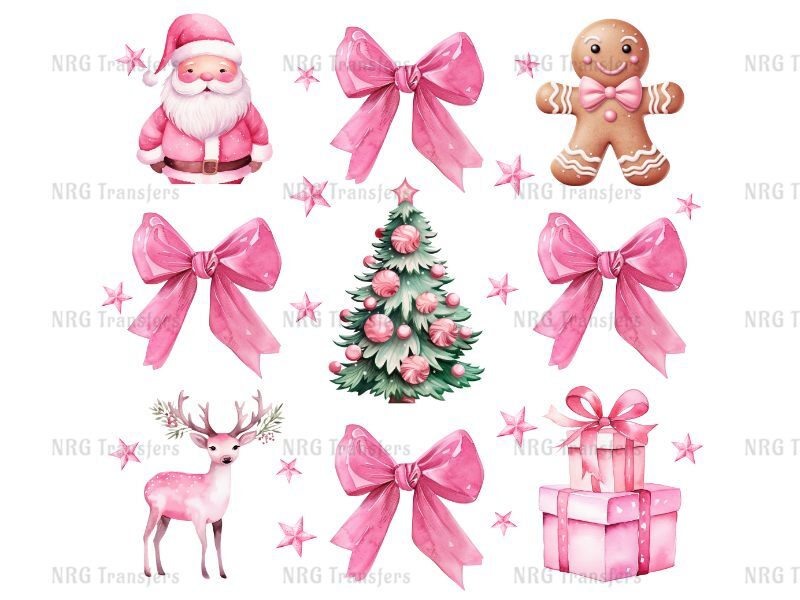 a watercolor christmas clipart set with pink bows, a tree, a ginger