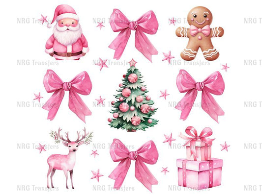 a watercolor christmas clipart set with pink bows, a tree, a ginger