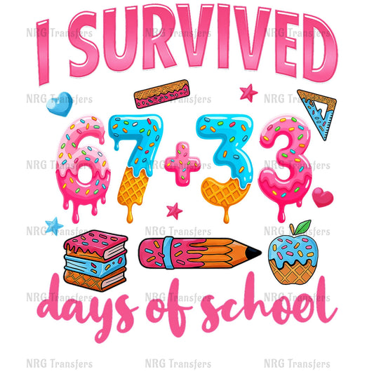 The image is a colorful and playful graphic design featuring various elements related to school, such as a pencil, a book, an apple, and a heart. The text "I Survived 6+33 days of school" is prominently displayed, indicating that the design is celebrating the survival of a student who has overcome the challenges of school.