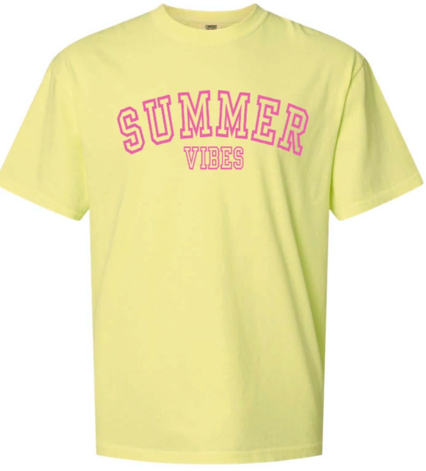 a yellow t - shirt with the words summer vibes printed on it