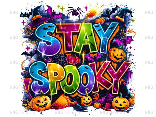 a stay spooky sign with pumpkins and bats