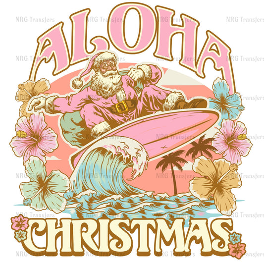 a santa clause surfing on a pink surfboard