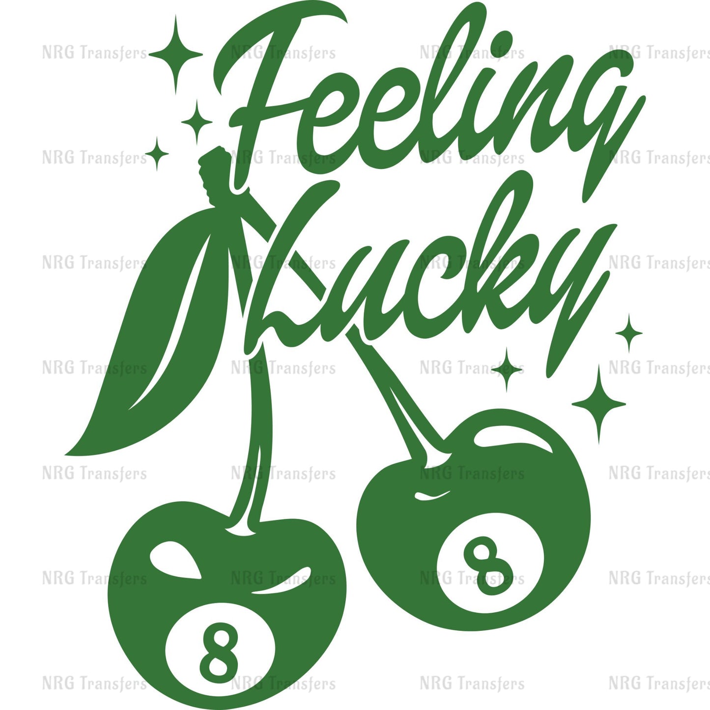 a green sticker with the words feeling lucky and two cherries