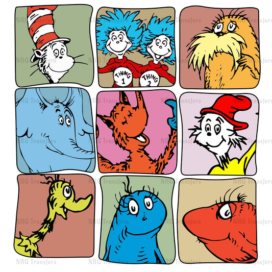 a bunch of dr seuss and the cat in the hat pictures