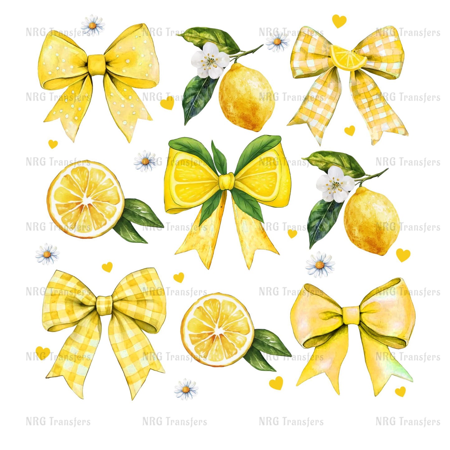 various yellow and green illustrations, including lemon slices, bows, and flowers, arranged in a grid-like pattern.