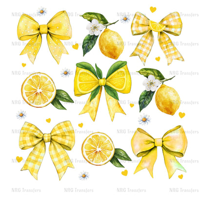 various yellow and green illustrations, including lemon slices, bows, and flowers, arranged in a grid-like pattern.