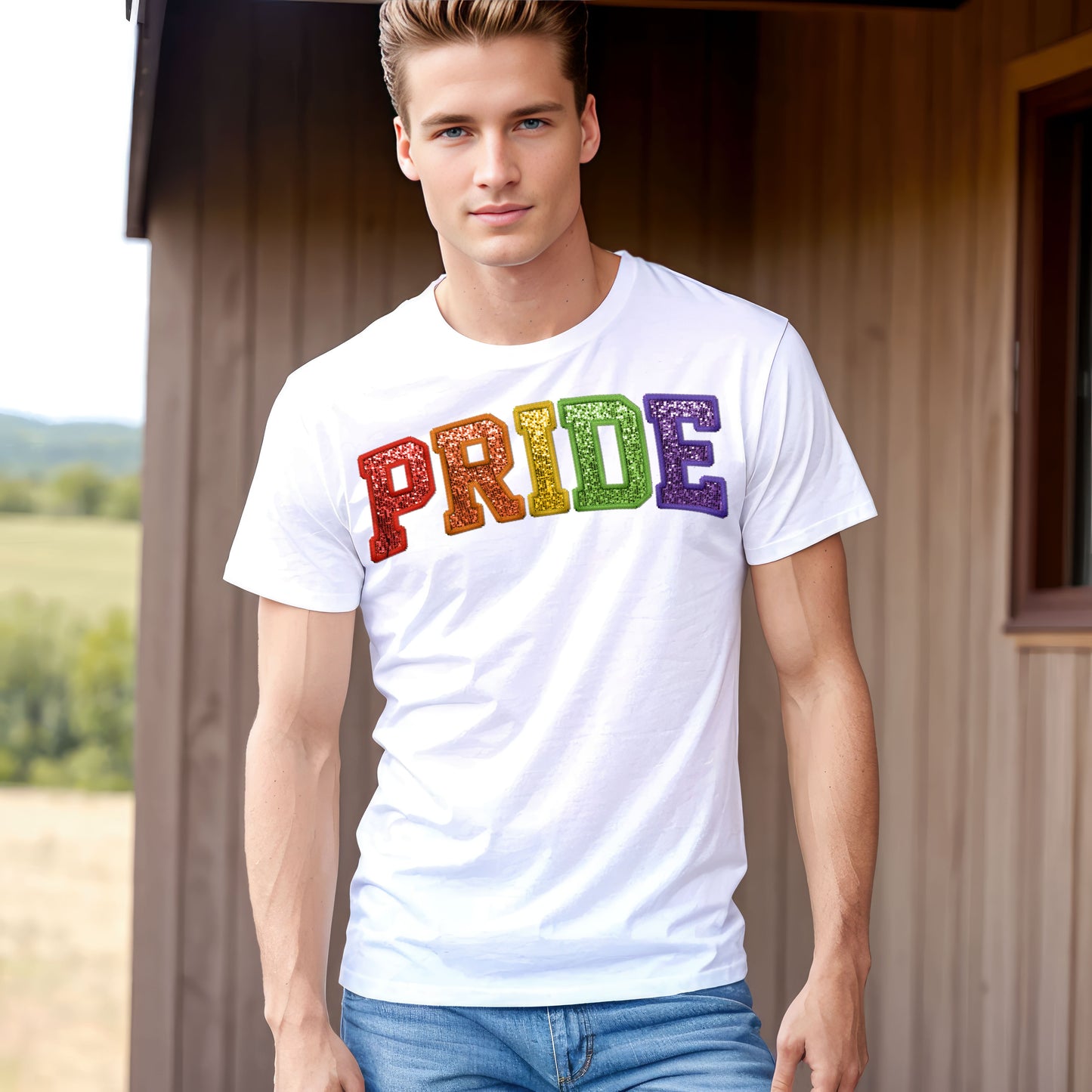 a man standing in front of a building wearing a pride t - shirt