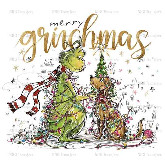 A whimsical illustration depicting the Grinch and his dog, both adorned with Christmas lights, surrounded by a festive holiday scene.