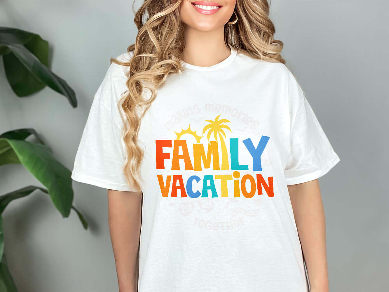 a woman wearing a family vacation t - shirt