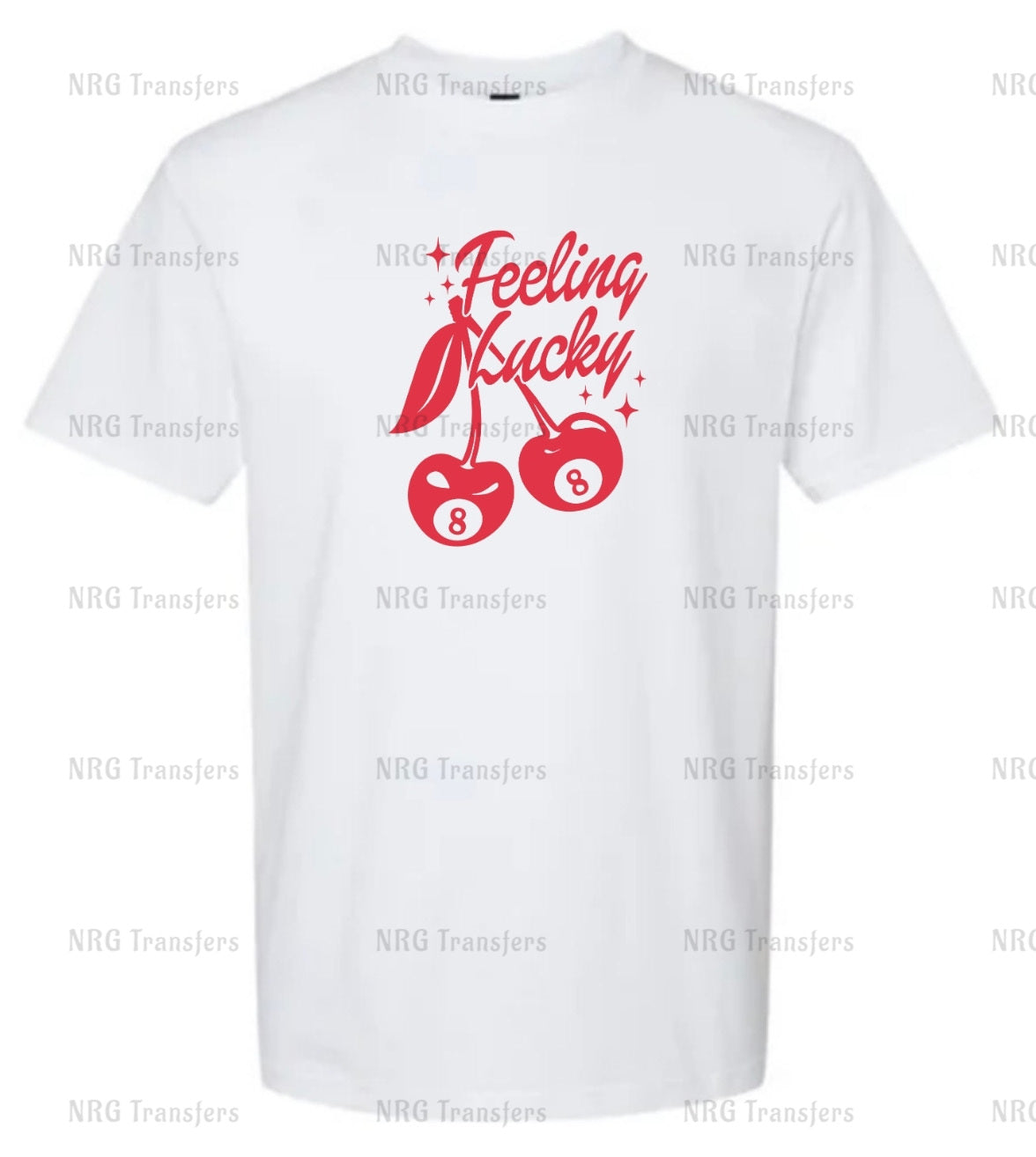 a white t - shirt with red lettering and two cherries