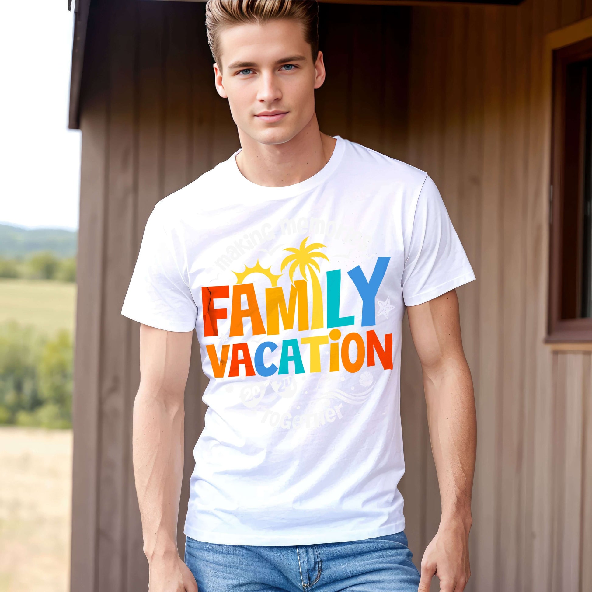 a man standing in front of a building wearing a family vacation t - shirt