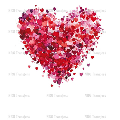 The image is a heart-shaped arrangement composed of numerous small red hearts scattered across a white background.