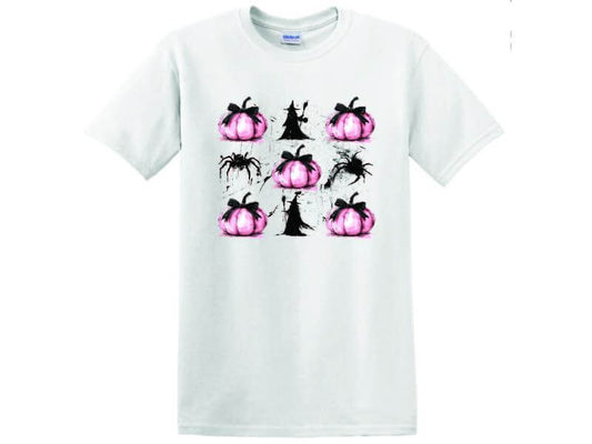 a white t - shirt with pink pumpkins on it