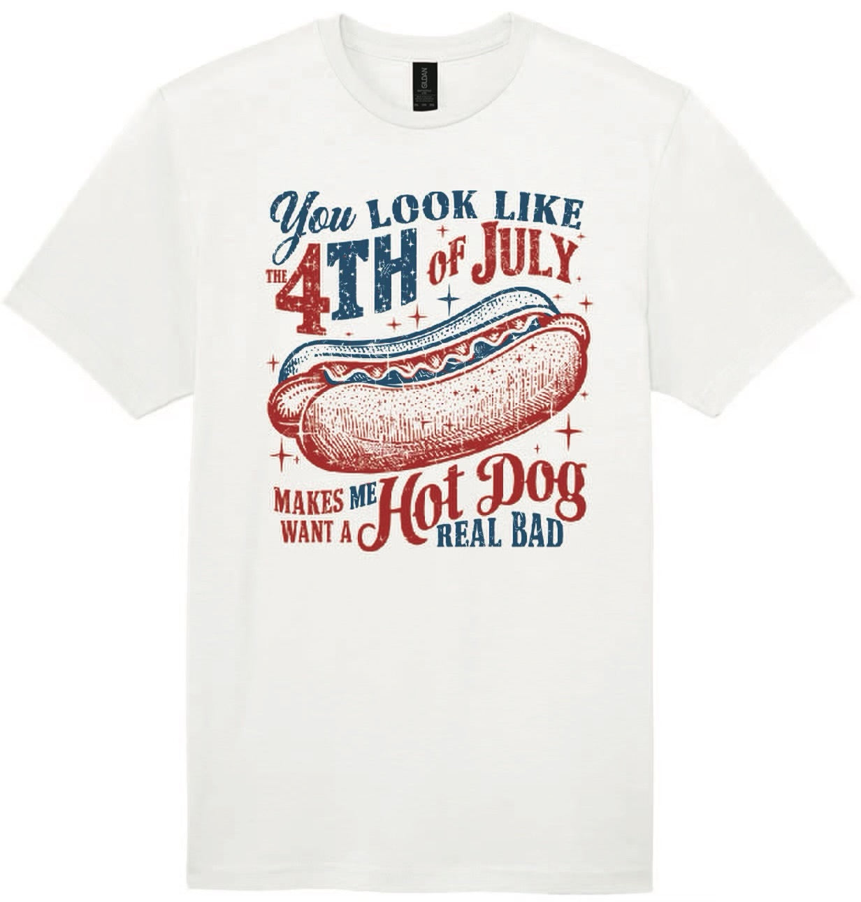 a white t - shirt with a hot dog on it