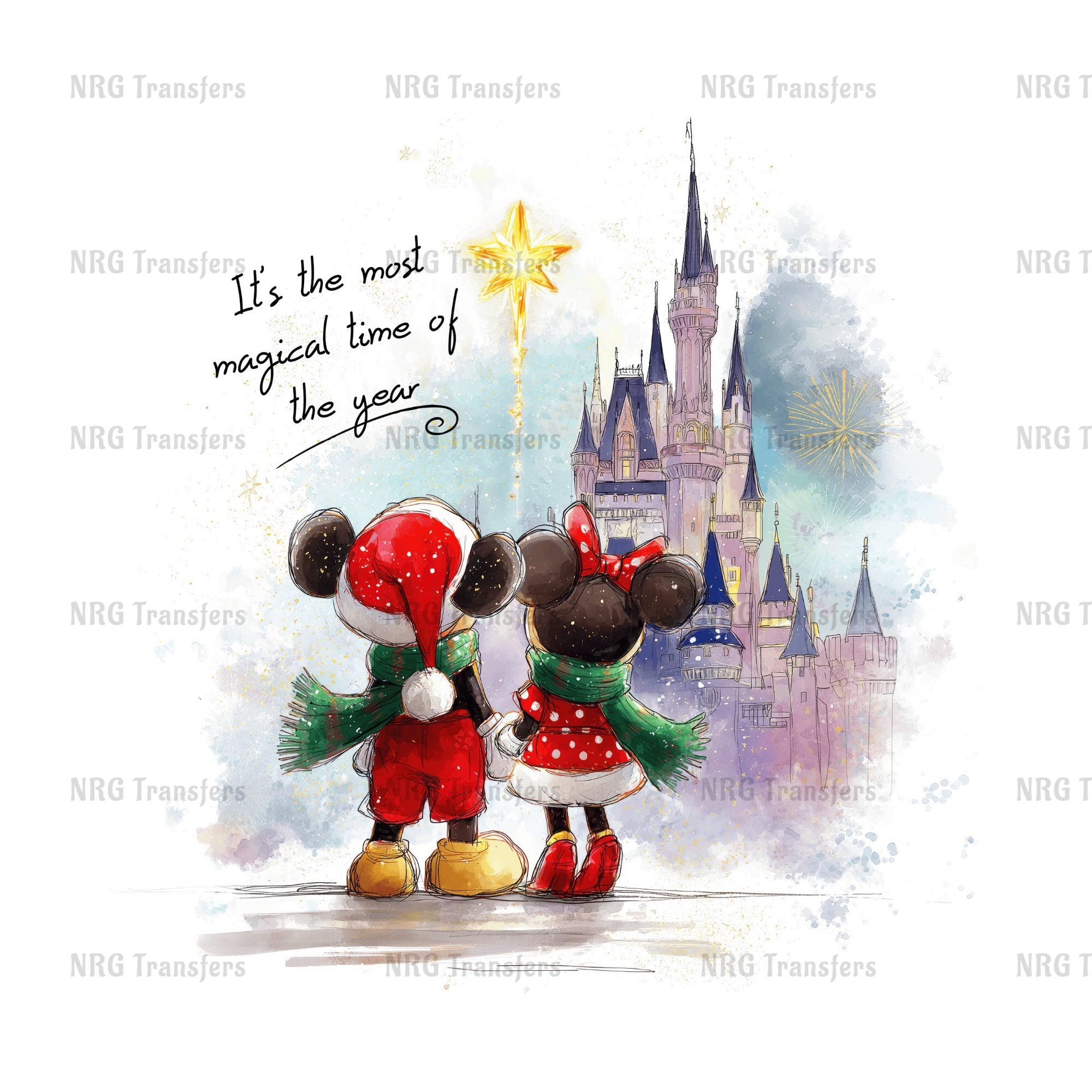 A whimsical illustration depicting two Disney characters, Minnie Mouse and Mickey Mouse, standing in front of a castle with a star on top, against a snowy background. The text above the characters reads "It's the most magical time of the year".