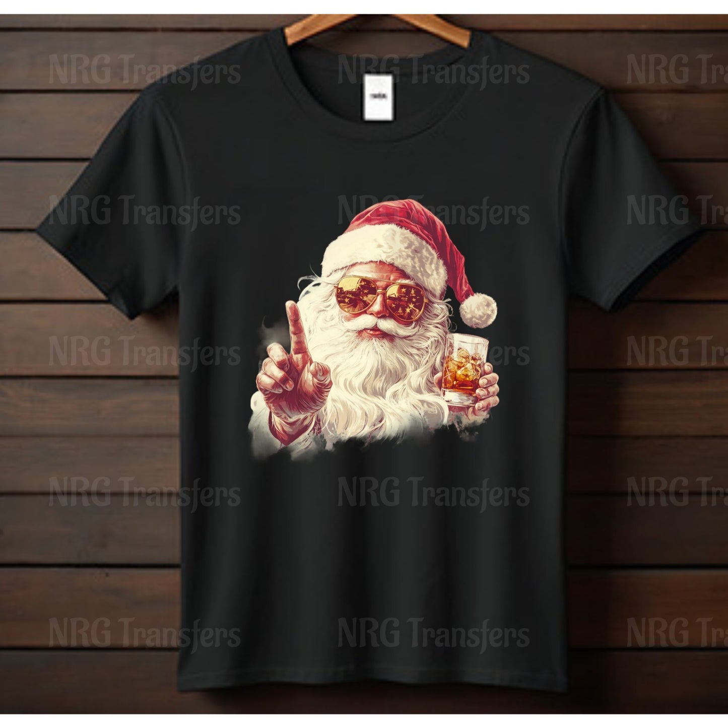 A black t-shirt with a graphic design depicting Santa Claus wearing sunglasses and holding a drink.