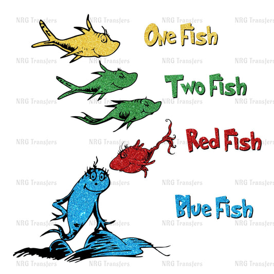 a picture of a fish, two fish, red fish, blue fish