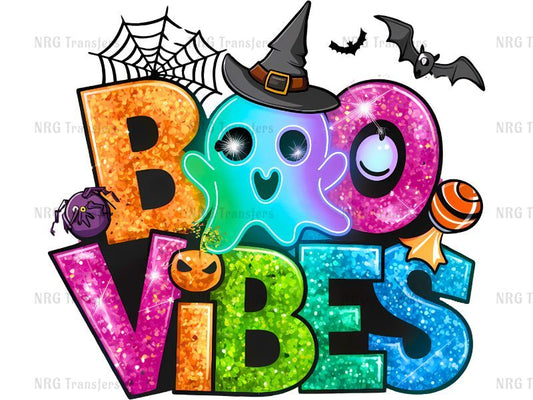 the word boo vibes with a witch hat and bats