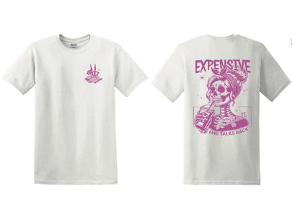 a white t - shirt with a pink image of a skeleton on it