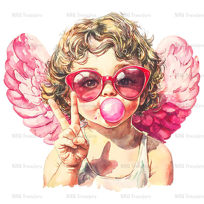 a watercolor painting of a little girl wearing sunglasses and blowing a bubble