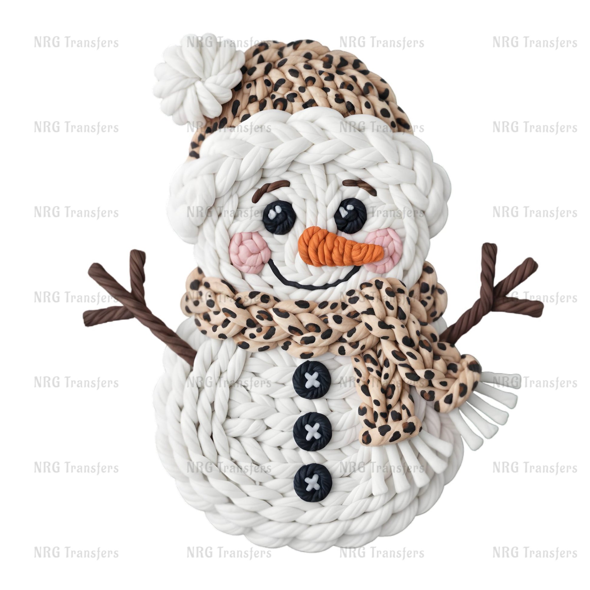 A snowman made of white rope and a leopard print hat, with a carrot nose and a big smile.