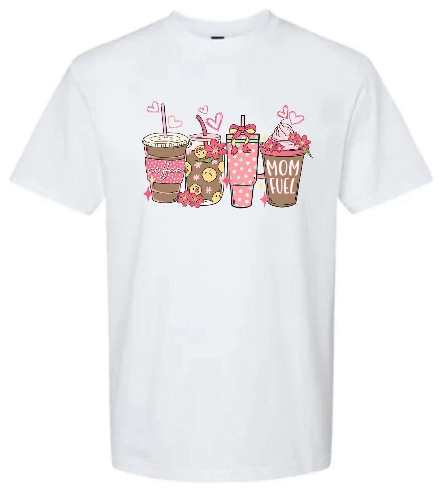 a white t - shirt with two cups of coffee on it