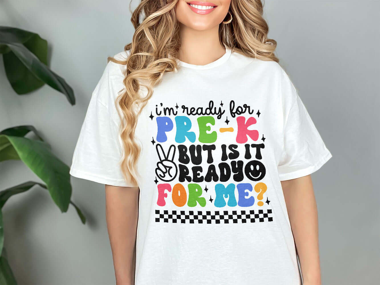 a woman wearing a t - shirt that says i'm ready for prek