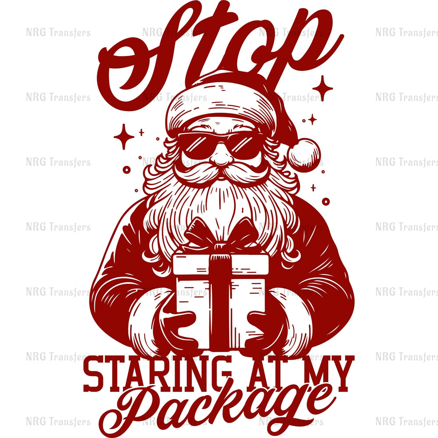 a santa claus holding a gift box with the words stop staring at my package