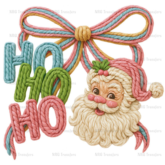 A colorful, hand-painted Santa Claus figure with a bow made of yarn, accompanied by the text "HO HO HO" in a playful, festive style.