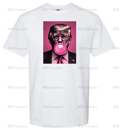 a white t - shirt with a picture of a man blowing a bubble