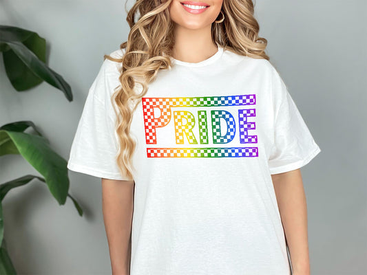 a woman wearing a white t - shirt with the word pride printed on it