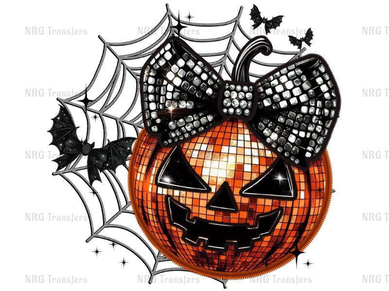 a pumpkin with a bow and a spider web on it