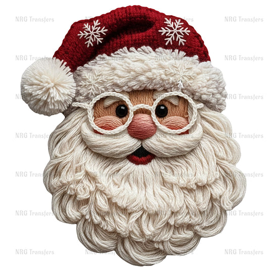 A close-up of a knitted Santa Claus hat with snowflakes, glasses, and a red nose.