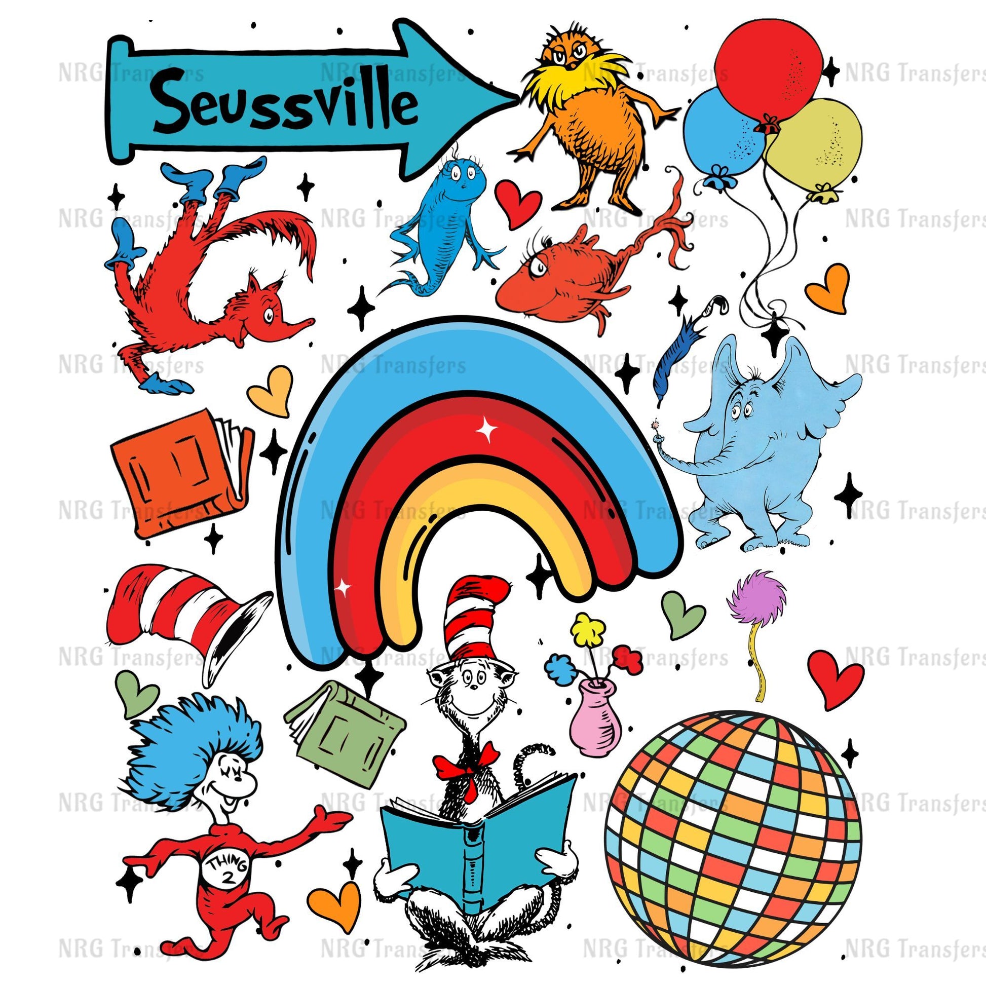 the dr seussville poster is surrounded by balloons and balloons