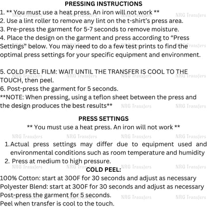 instructions for pressing a garment, including details on using a heat press, lint roller, and pre-pressing the garment. It also provides instructions for cold peel and press settings, as well as a note about the transfer of the press to the design. The image is not a collage of multiple images, and it does not describe each individual element. The instructions are clear and concise, focusing on the essential steps for pressing a garment.