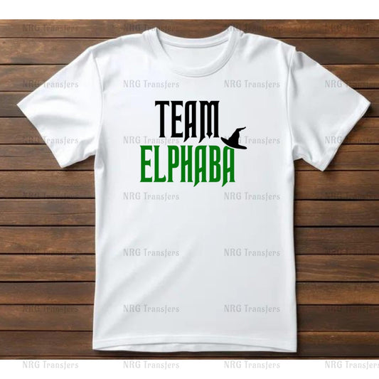 a white t - shirt with the words team elphaba printed on it