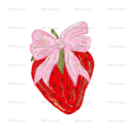 A red strawberry with a pink bow on top.