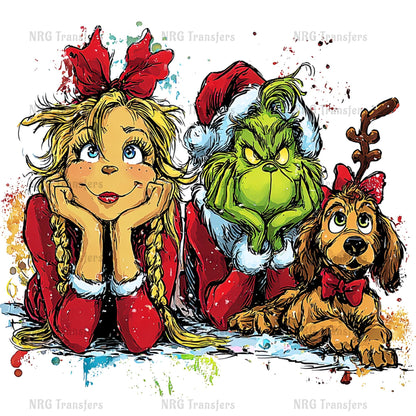 A cartoon illustration of a girl with blonde hair wearing a red dress and a Santa hat, accompanied by a green Grinch, a dog, and a reindeer.