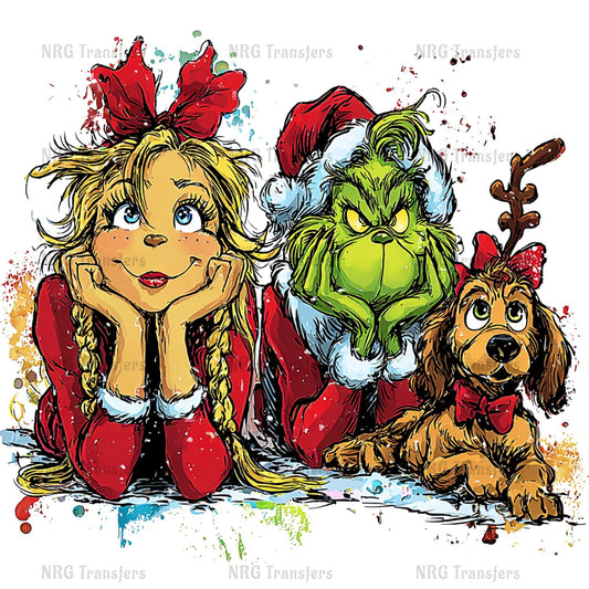 A cartoon illustration of a girl with blonde hair wearing a red dress and a Santa hat, accompanied by a green Grinch, a dog, and a reindeer.
