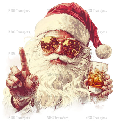 Santa Claus wearing sunglasses and holding a glass of alcohol, with his hand raised in a peace sign gesture.