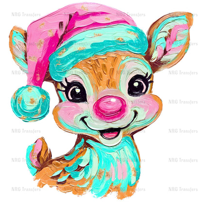 A colorful, whimsical illustration of a smiling deer wearing a pink and blue hat with gold accents.