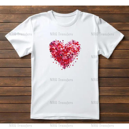 A white t-shirt with a heart-shaped design made up of small red and pink hearts.