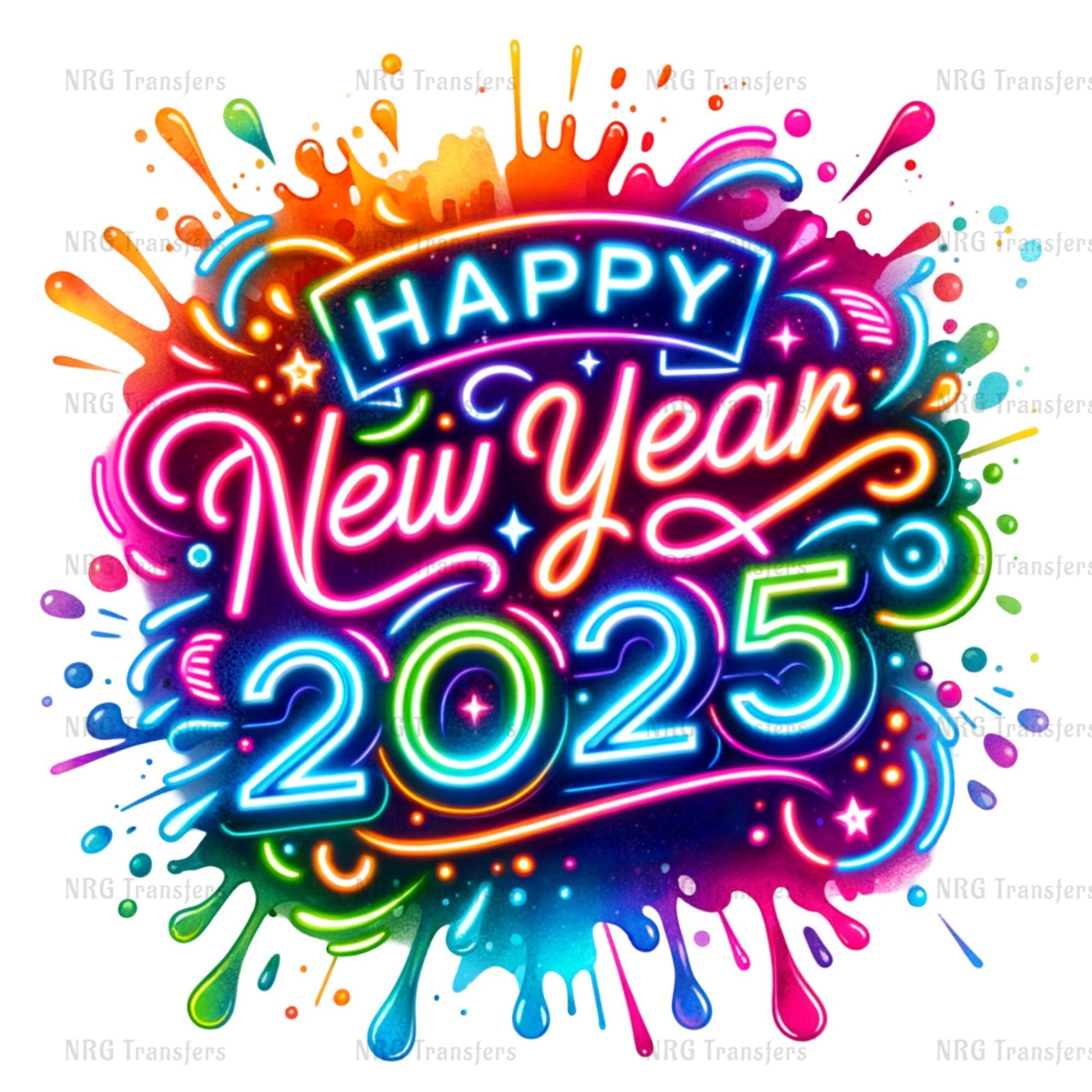 a colorful happy new year sign with paint splatters