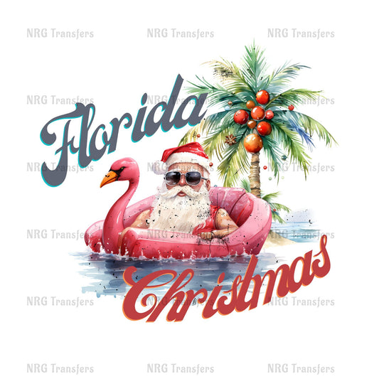 Santa Claus in a pink inflatable raft, wearing a Santa hat and sunglasses, floating on a body of water with a palm tree and Christmas decorations in the background.