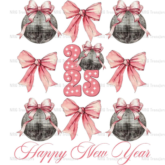 a happy new year card with pink bows