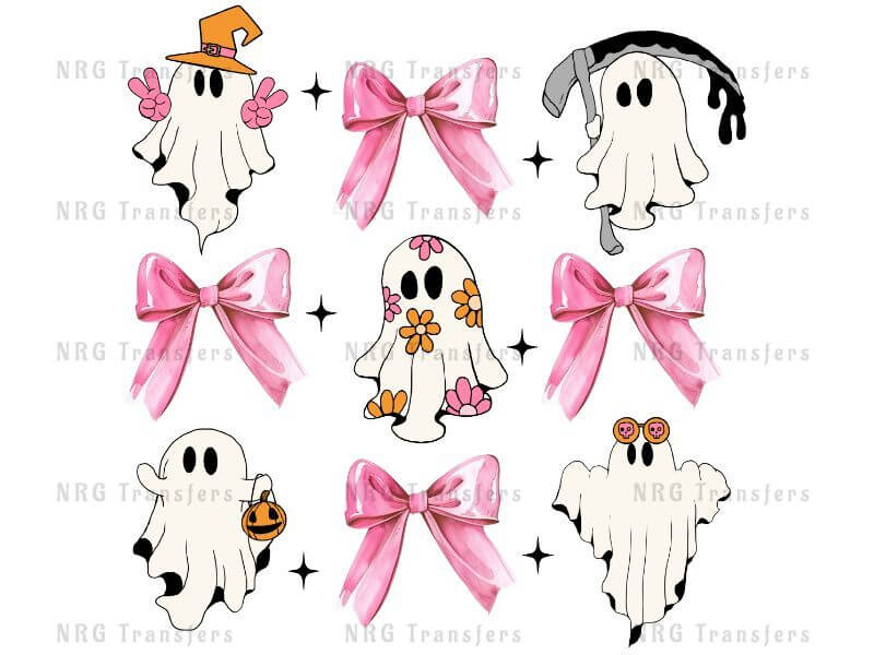 a group of ghost stickers with pink bows