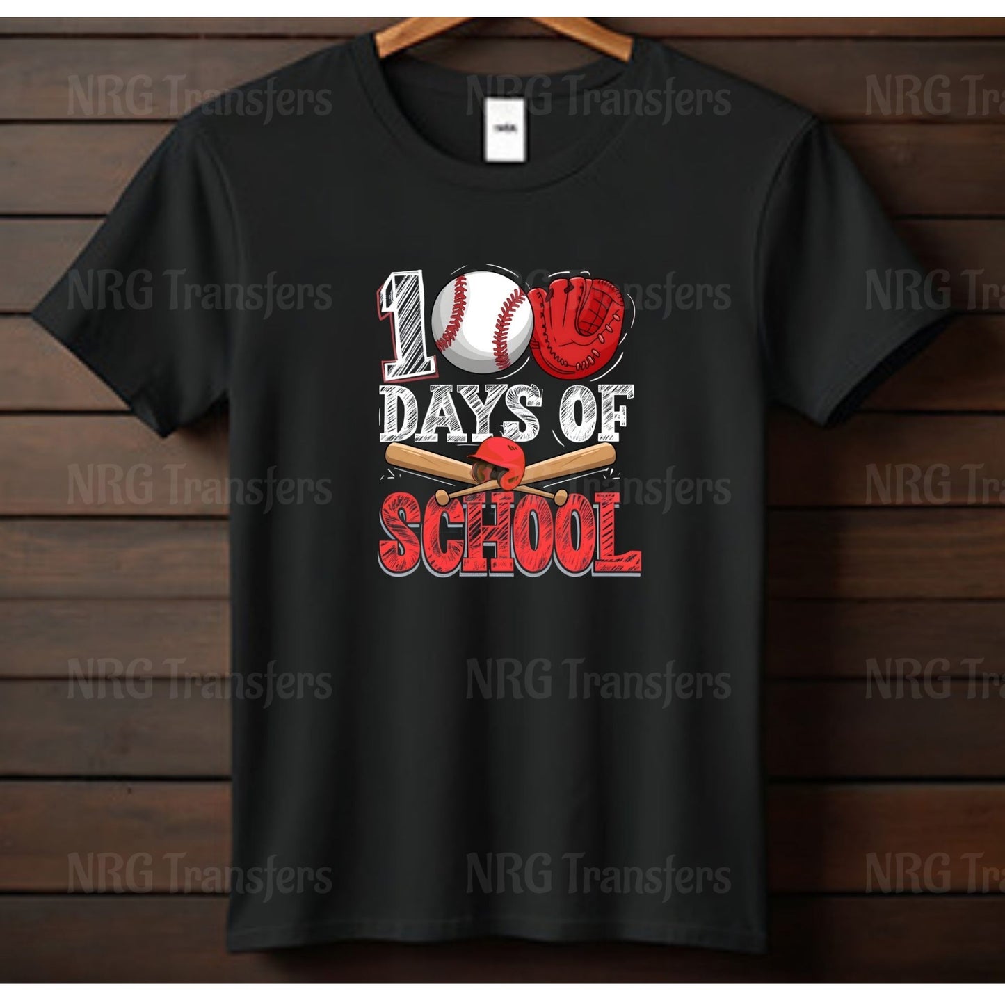 A black t-shirt with a graphic design that says "100 DAYS OF SCHOOL" and features baseball imagery.