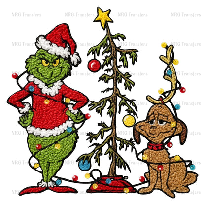 a Christmas tree with ornaments, a dog, and a Grinch wearing a Santa hat.